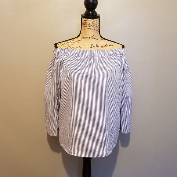 Zara Off The Shoulder Top Blue And White Striped - Picture 3 of 6
